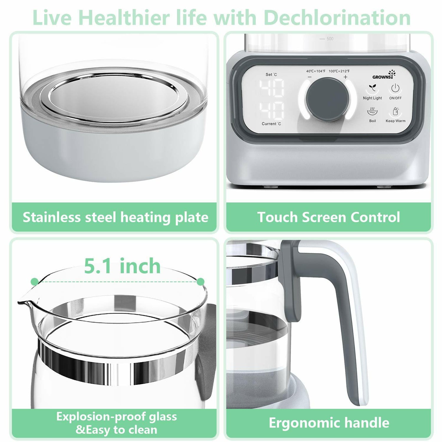 Grownsy white baby instant warmer: LCD touch screen, glass carafe, ergonomic handle, dechlorination feature.