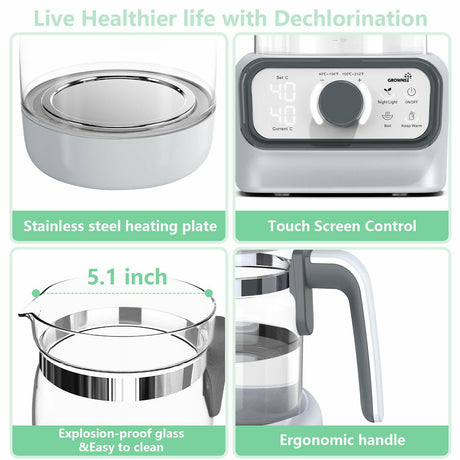 Grownsy white baby instant warmer: LCD touch screen, glass carafe, ergonomic handle, dechlorination feature.