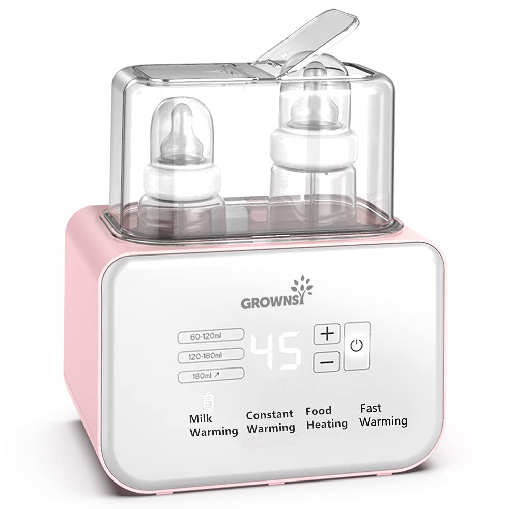 Pink 8-in-1 baby bottle warmer with dual compartments, digital display, functions for milk, food, and fast warming.