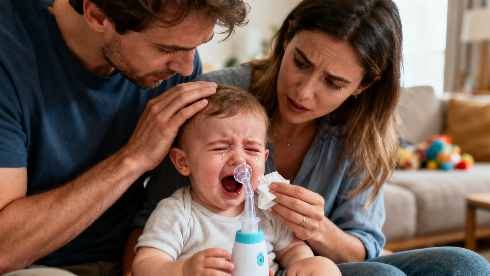 Parents gently try to clear their baby’s nose with a nasal aspirator, but the baby cries in discomfort.