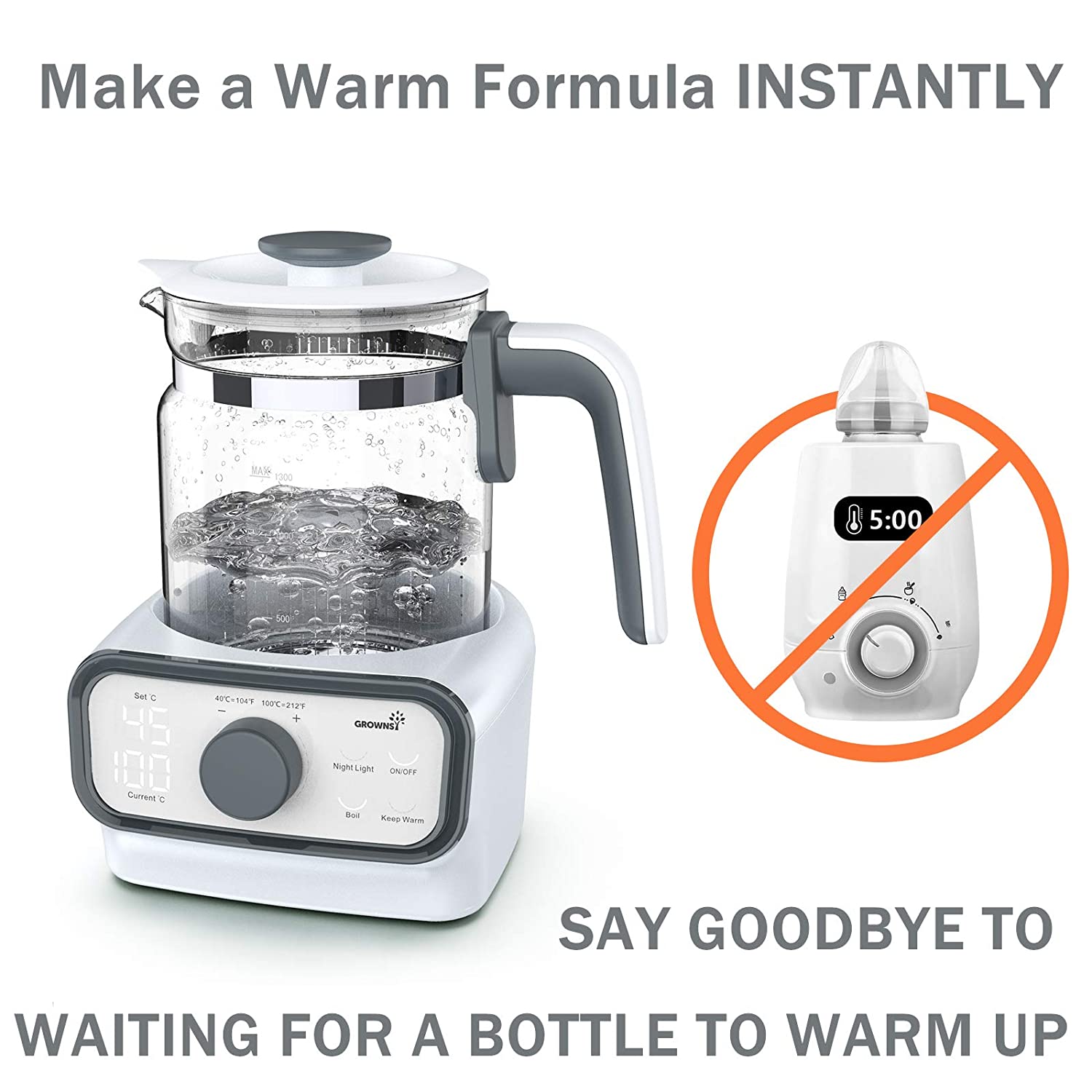 Grownsy milk regulator kettle boiling water with text: Make a Warm Formula Instantly — Say Goodbye to Waiting for a Bottle to Warm Up