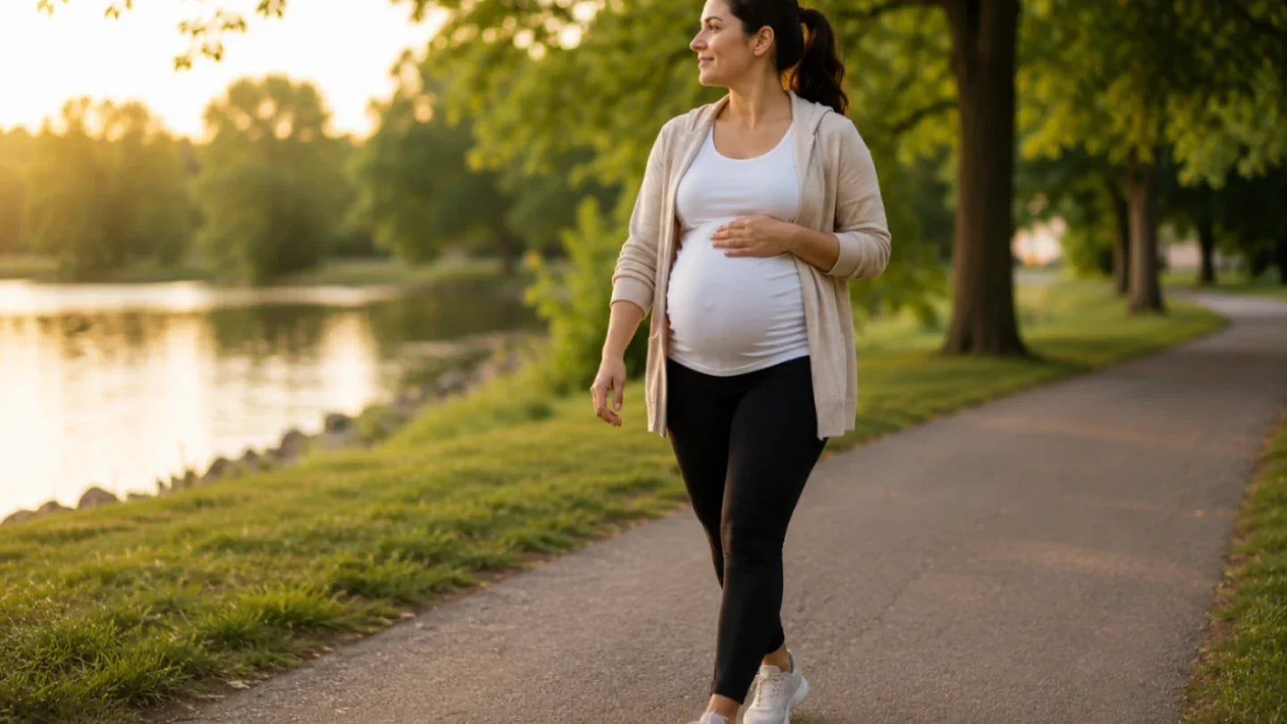 Pregnant woman walking outdoors on a tree-lined path in late pregnancy