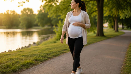 Pregnant woman walking outdoors on a tree-lined path in late pregnancy