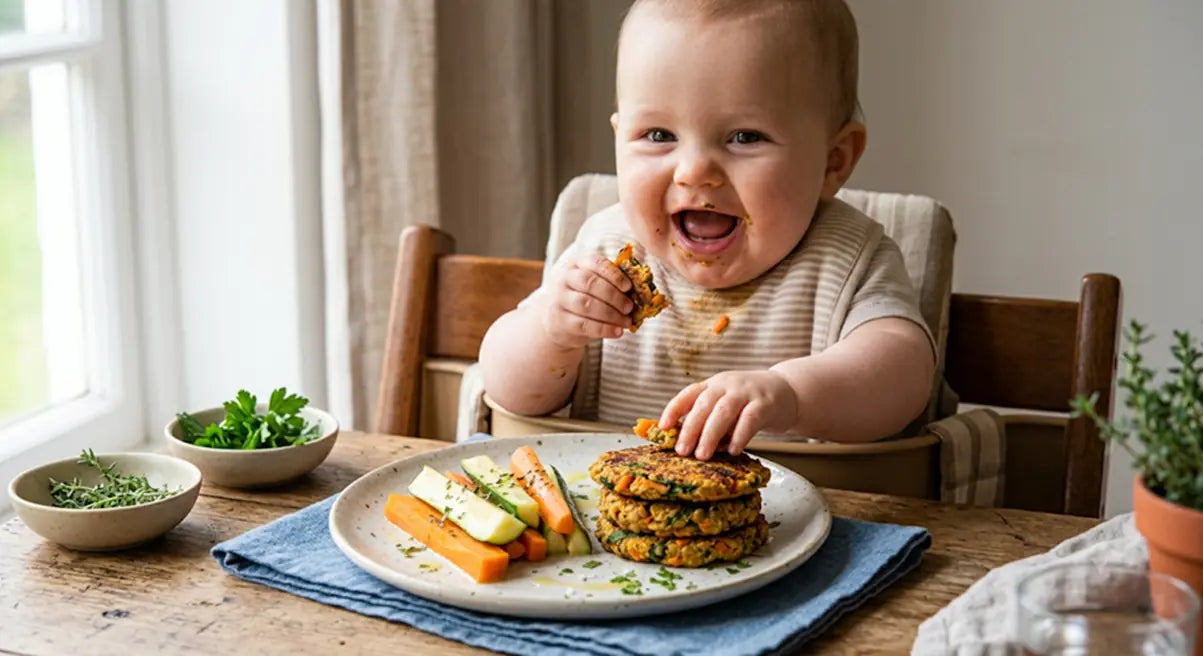 Smiling baby in a high chair eating lentil and vegetable bites with soft vegetable sticks