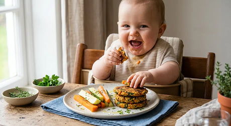 Smiling baby in a high chair eating lentil and vegetable bites with soft vegetable sticks
