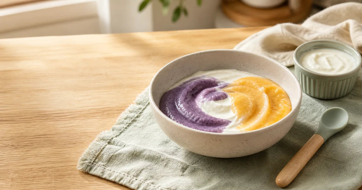 Creamy baby yogurt with smooth blueberry and peach fruit purees
