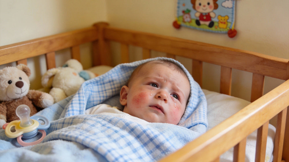 Crying baby in crib wrapped in blue blanket, surrounded by plush toys and pacifier, GROWNSY baby care focus