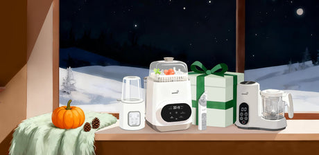 Grownsy baby care devices displayed on a windowsill with holiday gifts and autumn decor, ready for the season.