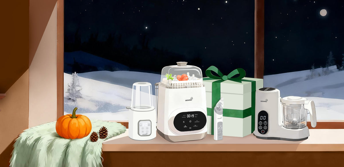 Grownsy baby care devices displayed on a windowsill with holiday gifts and autumn decor, ready for the season.