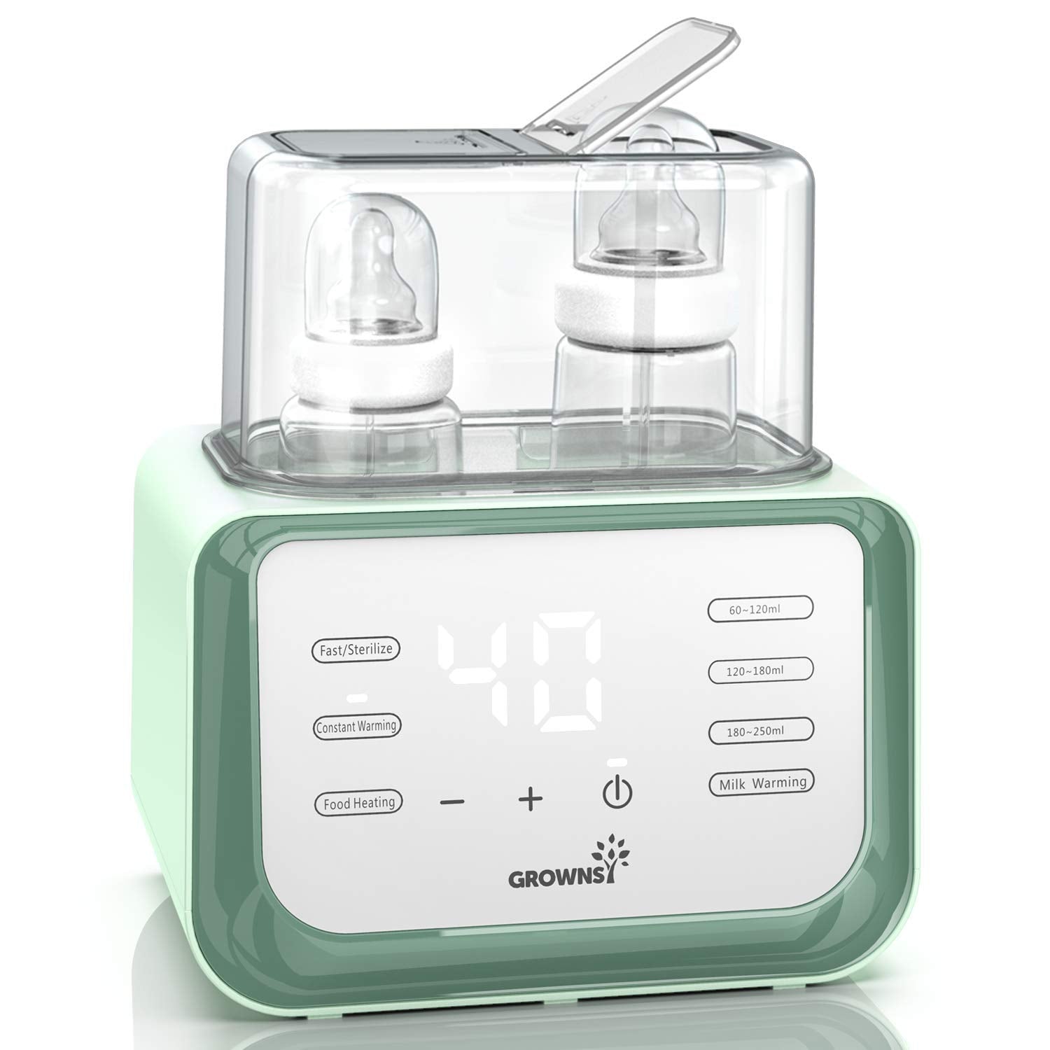 GROWNSY baby bottle warmer and sterilizer with digital display, holding two baby bottles