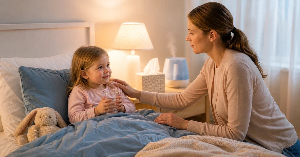 Mother comforting a  coughing toddler in bed