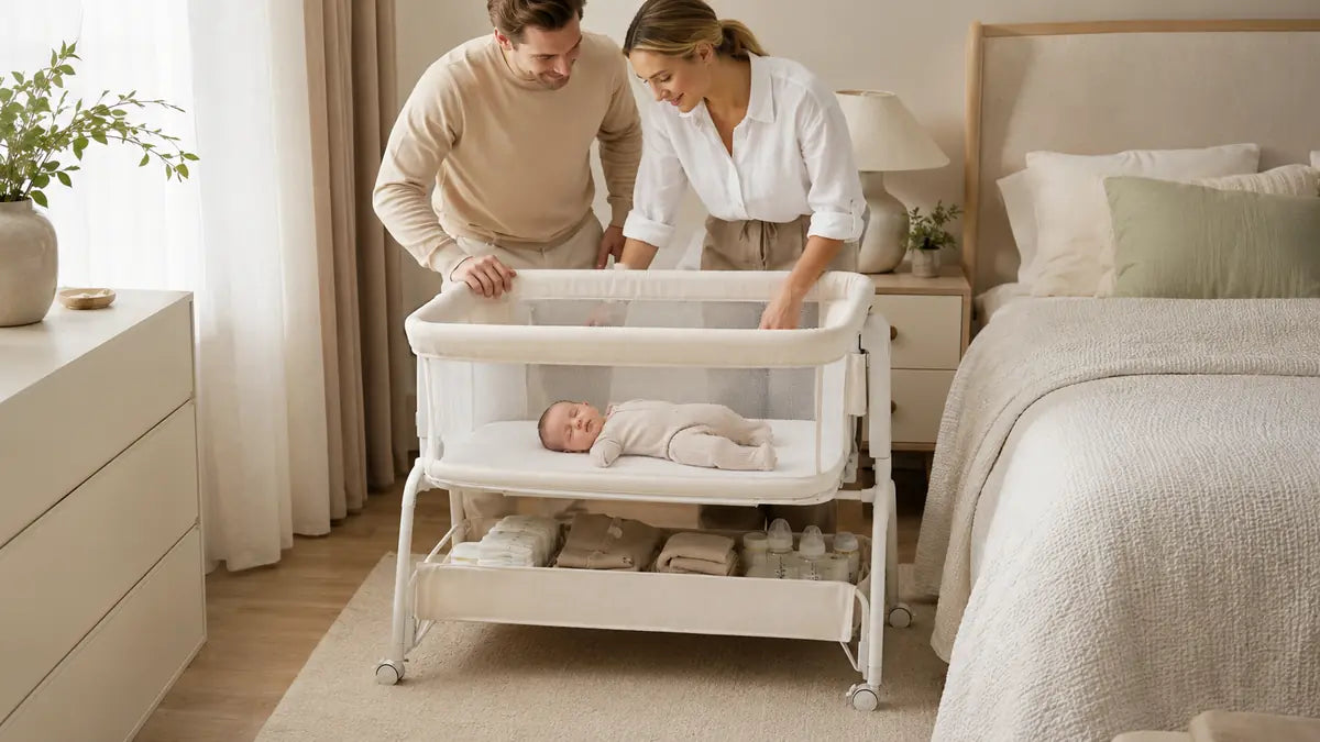 Parents smiling at their sleeping baby in a Grownsy DreamNest bedside bassinet