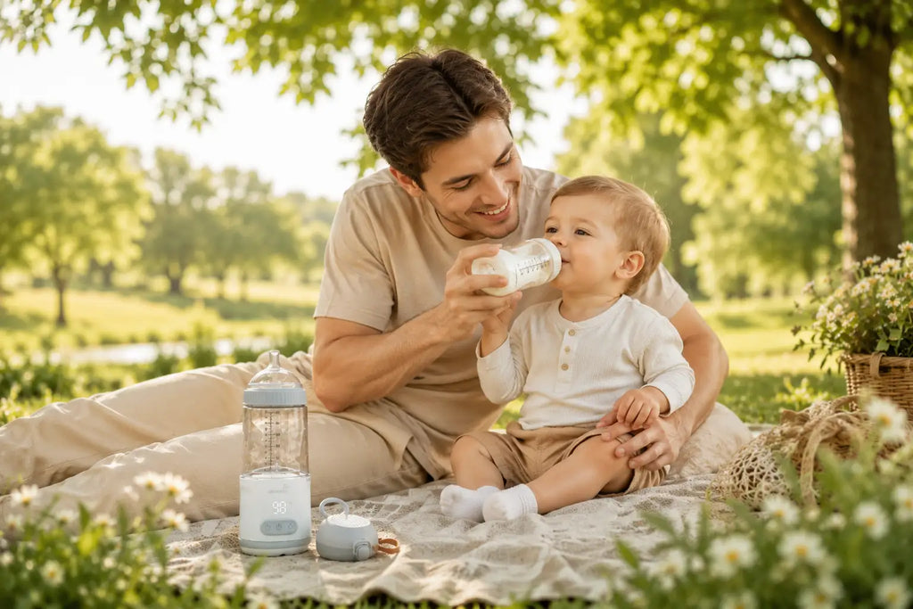 father using portable baby bottle warmer to feeding