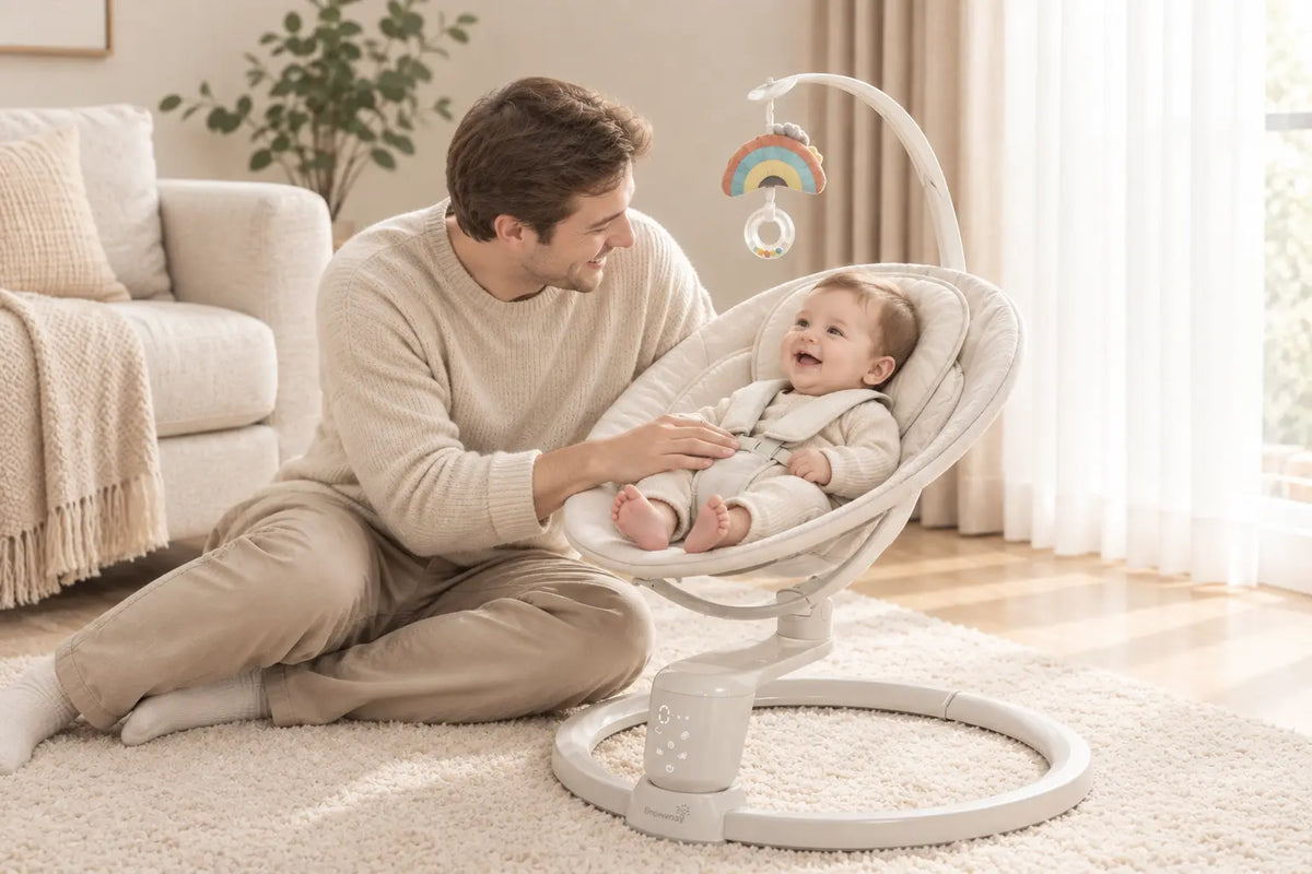 father play with bnby in the swing