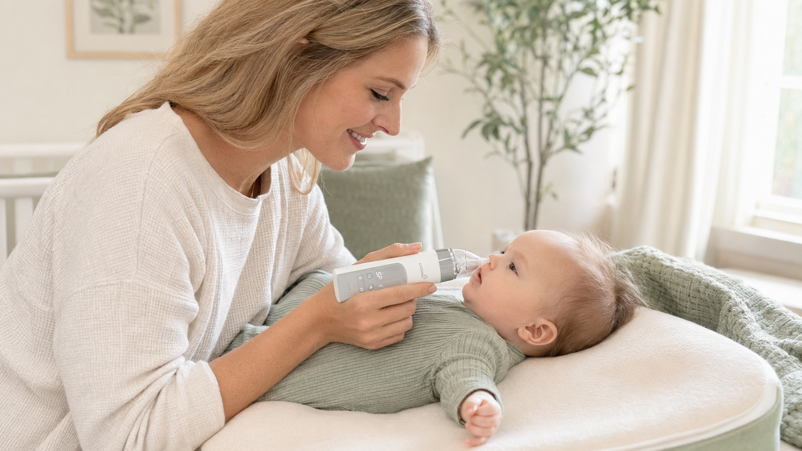 Mother gently using a Grownsy nasal aspirator to clear her baby’s stuffy nose in a bright nursery