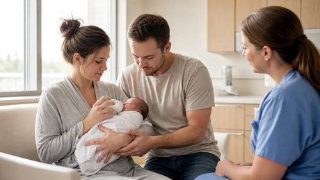 Parents practice bottle-feeding their premature baby with guidance from a NICU nurse.