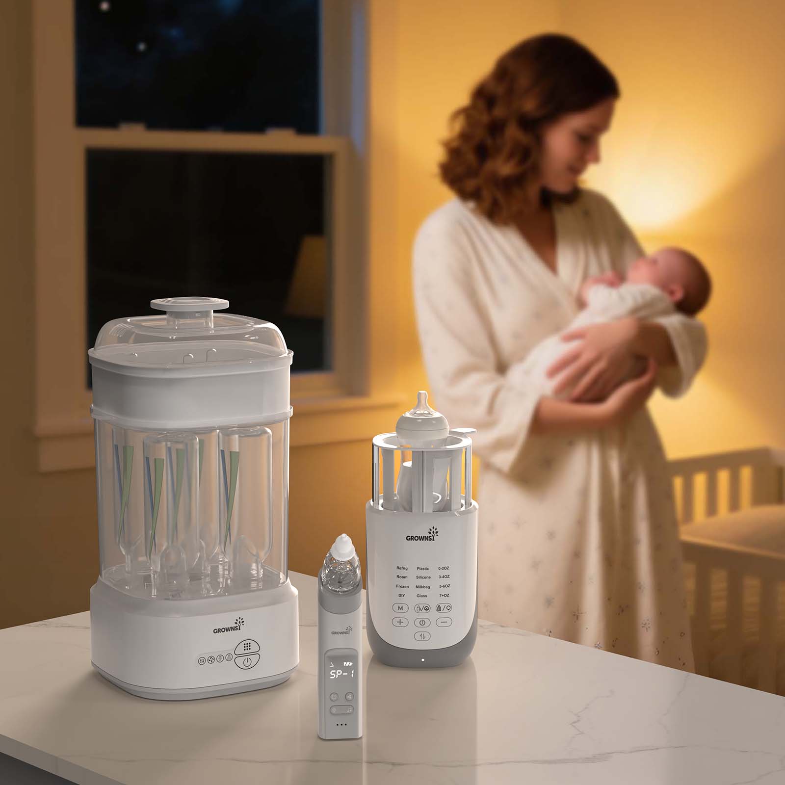 A mother cradling her baby while using an electric breast pump, with bottles and accessories nearby.