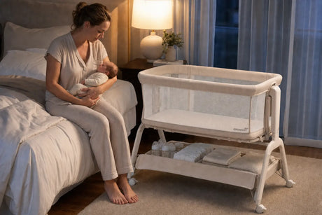 mother hug infant beside Bassinet 