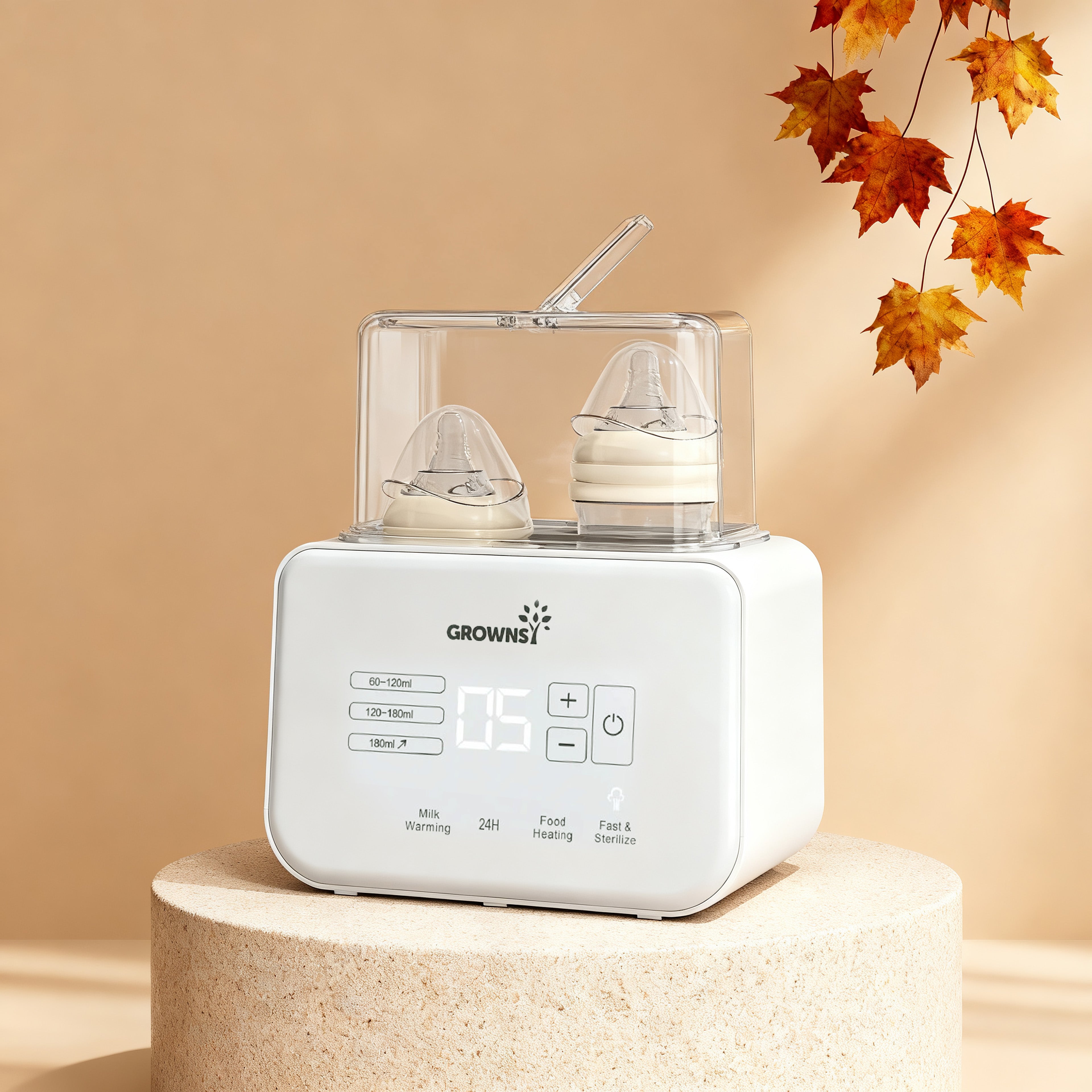 White 8-in-1 baby bottle warmer with digital display for milk warming, food heating, and sterilization, showing nipples.