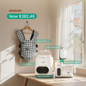Complete Baby Care Bundle: houndstooth baby carrier, baby bottle washer, baby bottle warmer, nasal aspirator, baby food maker.