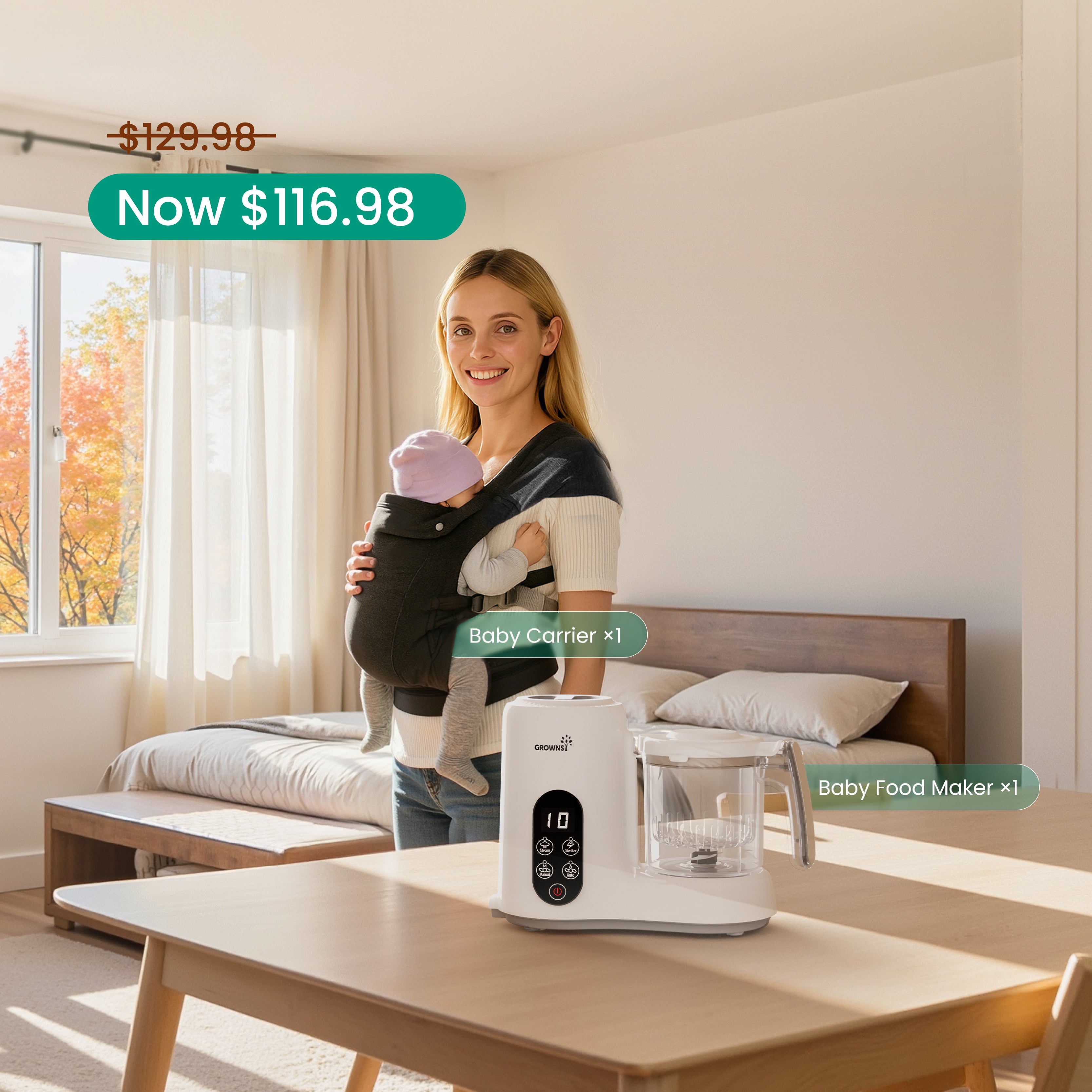 Little Milestones Bundle: Woman with baby carrier and baby food maker, now $116.98.
