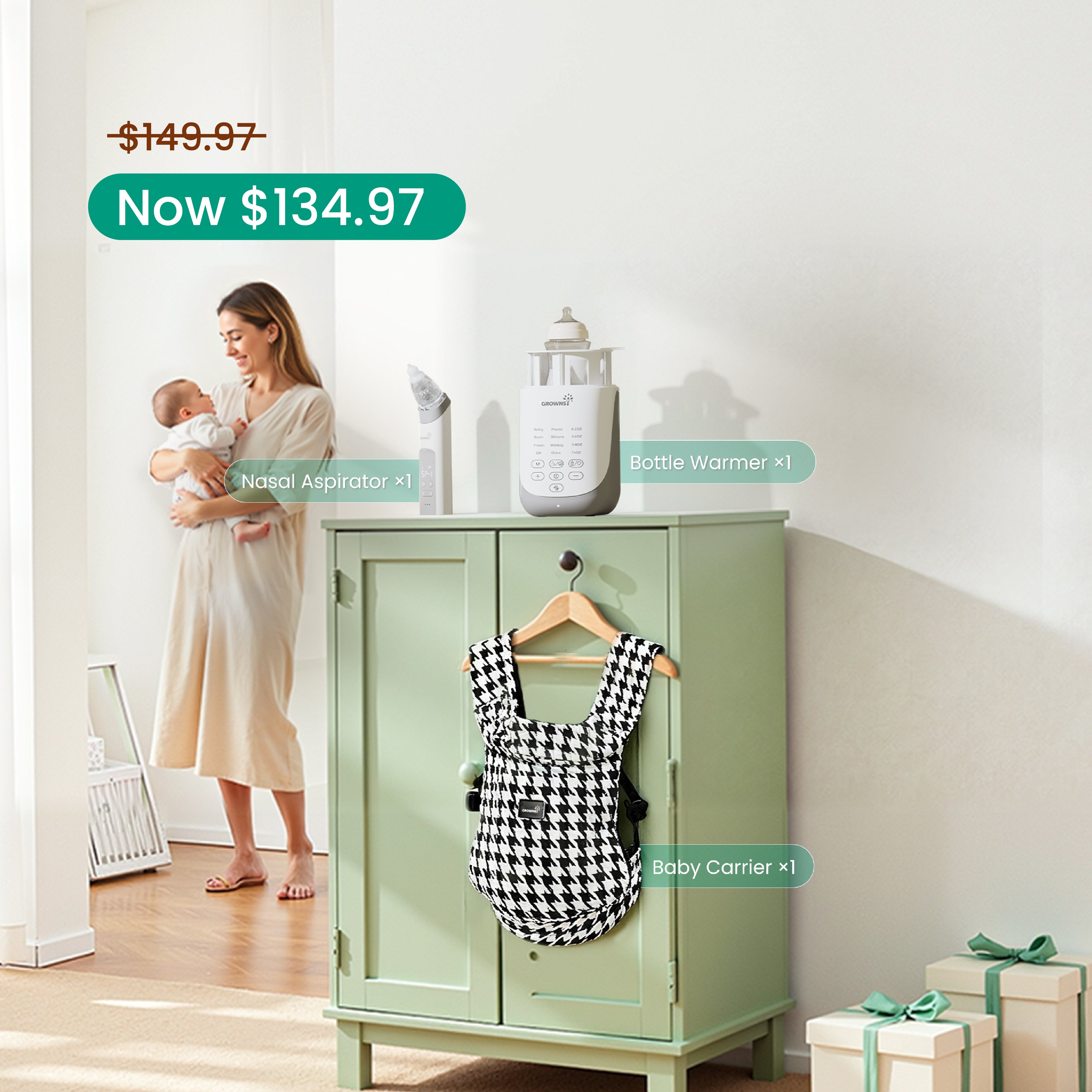 Newborn Welcome Bundle with baby carrier, nasal aspirator, bottle warmer, and woman holding baby, now $134.97.