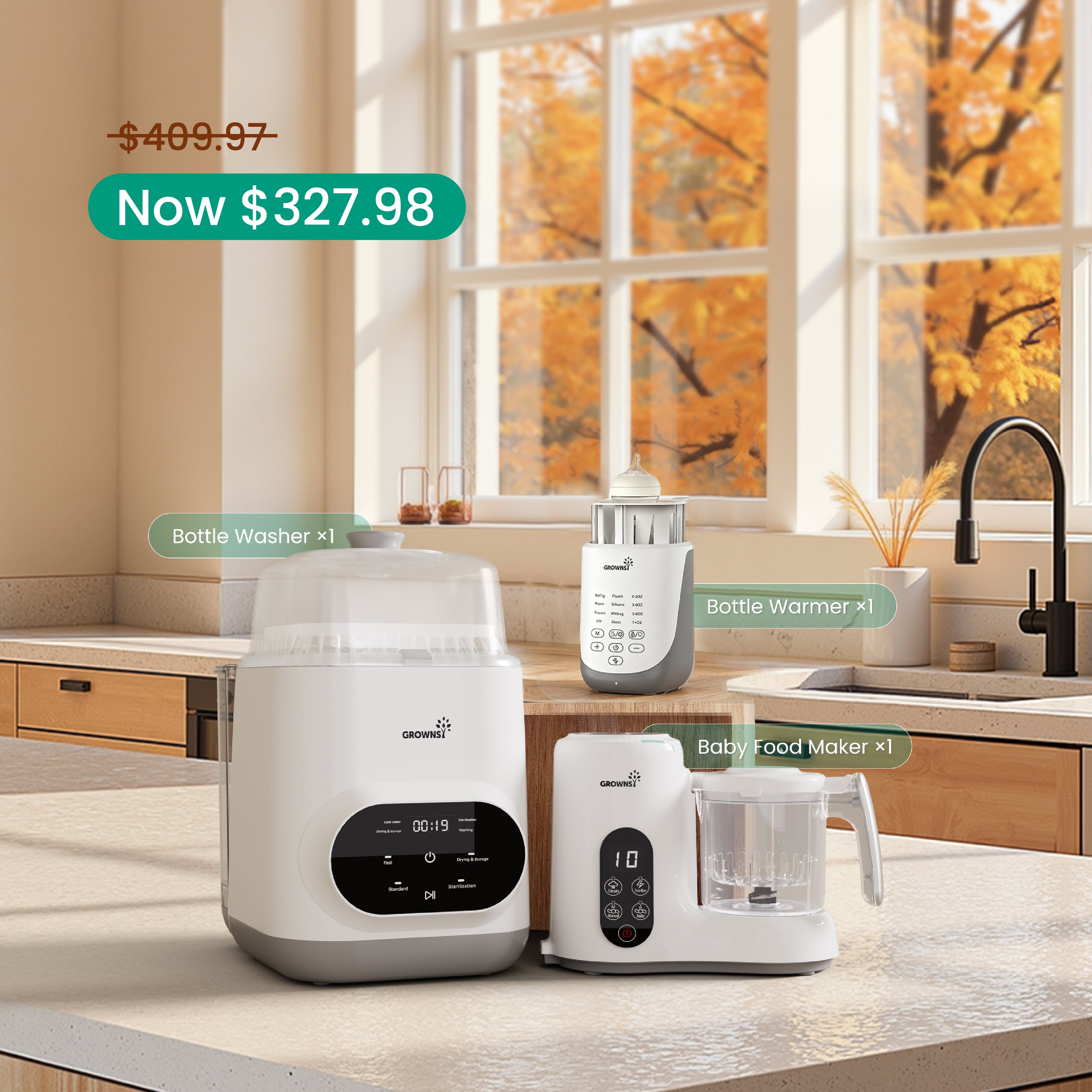 Feeding Essentials Bundle: white bottle washer, bottle warmer, and baby food maker on sale for $327.98.
