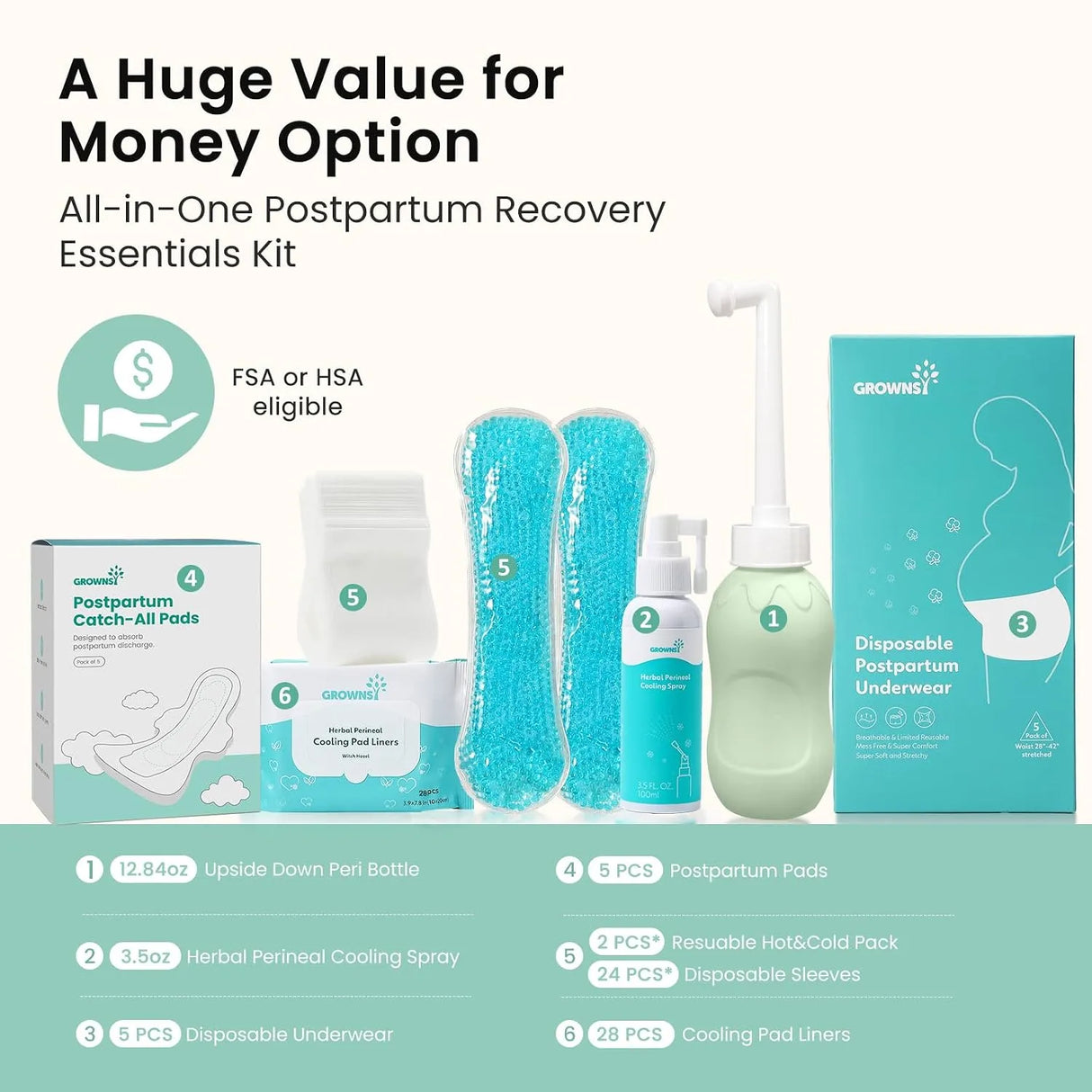 15pc Postpartum Essentials Recovery Kit | Postpartum Kit for Women | Includes 5 Postpartum Pads, 5 Disposable Underwear, 2 Ice Packs, Peri Bottle, Perineal Spray & 28 Cooling Pad Liners