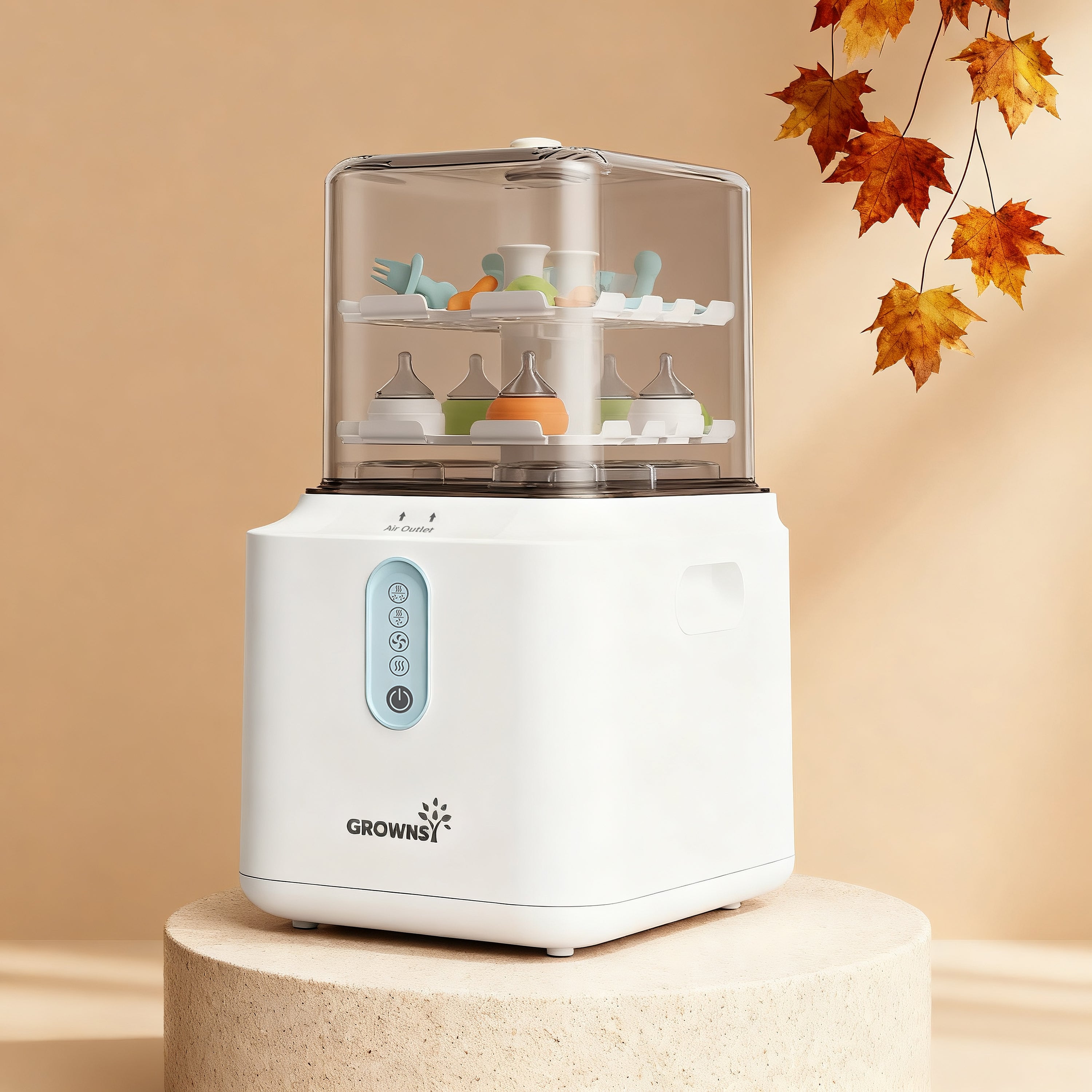 Grownsy PureSwift baby bottle sterilizer and dryer, white with clear lid, holding bottles and utensils.