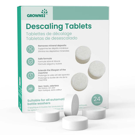 GROWNSY Descaling Tablets, 24 count, removes mineral deposits and extends bottle washer life.