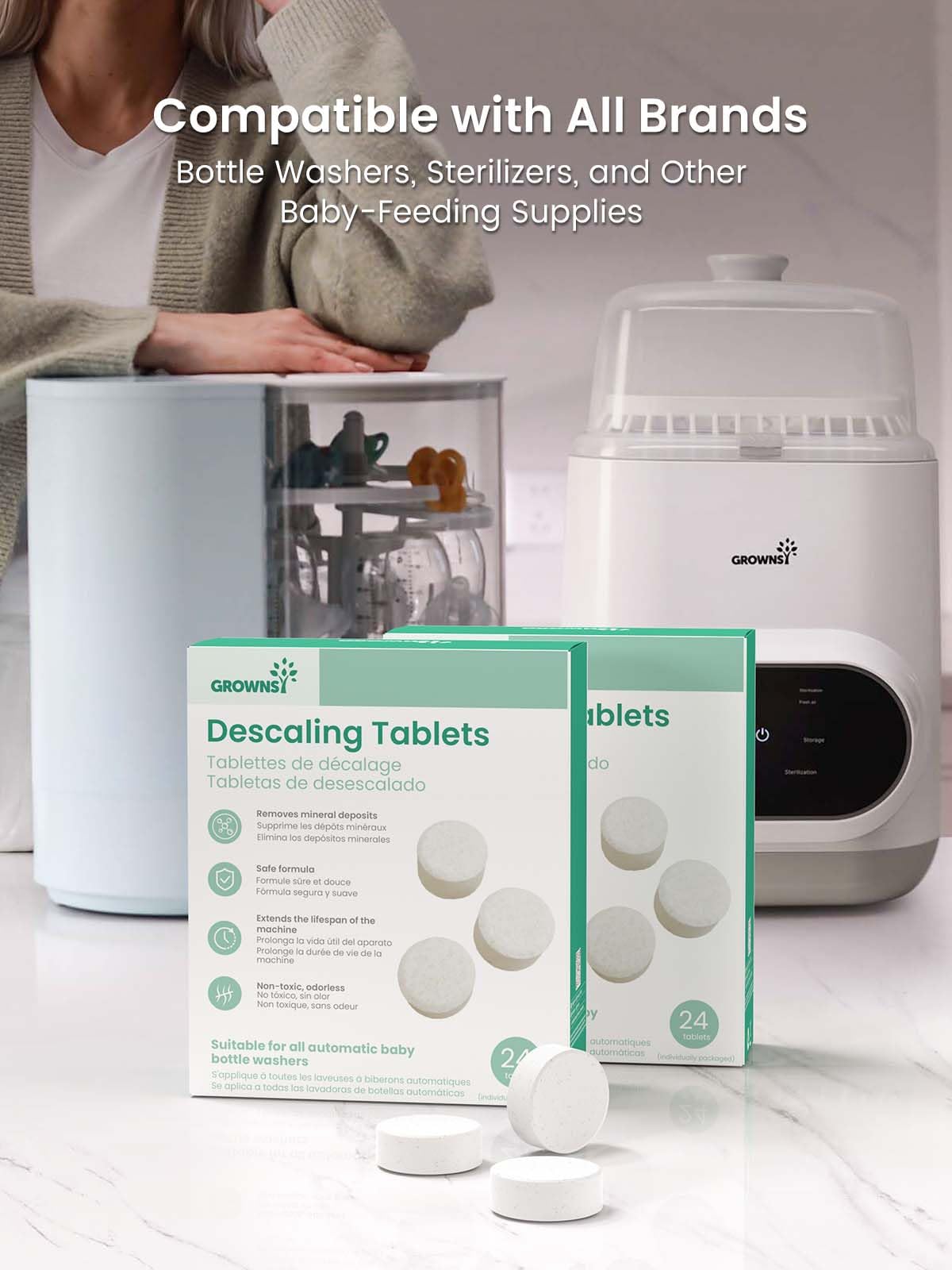 GROWNSY descaling tablets for baby bottle washers, compatible with all brands, removes mineral deposits, safe formula.