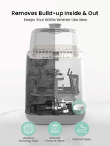 GROWNSY descaling tablets: clean vs dirty bottle washer interior, removes build-up in pump & pipes.