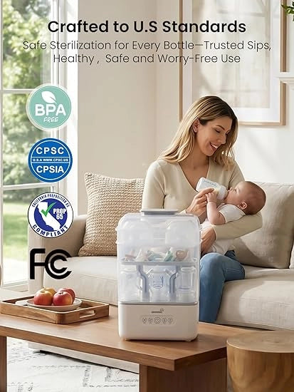 Woman holding a baby and using a bottle sterilizer with text about U.S. standards and safety certifications.