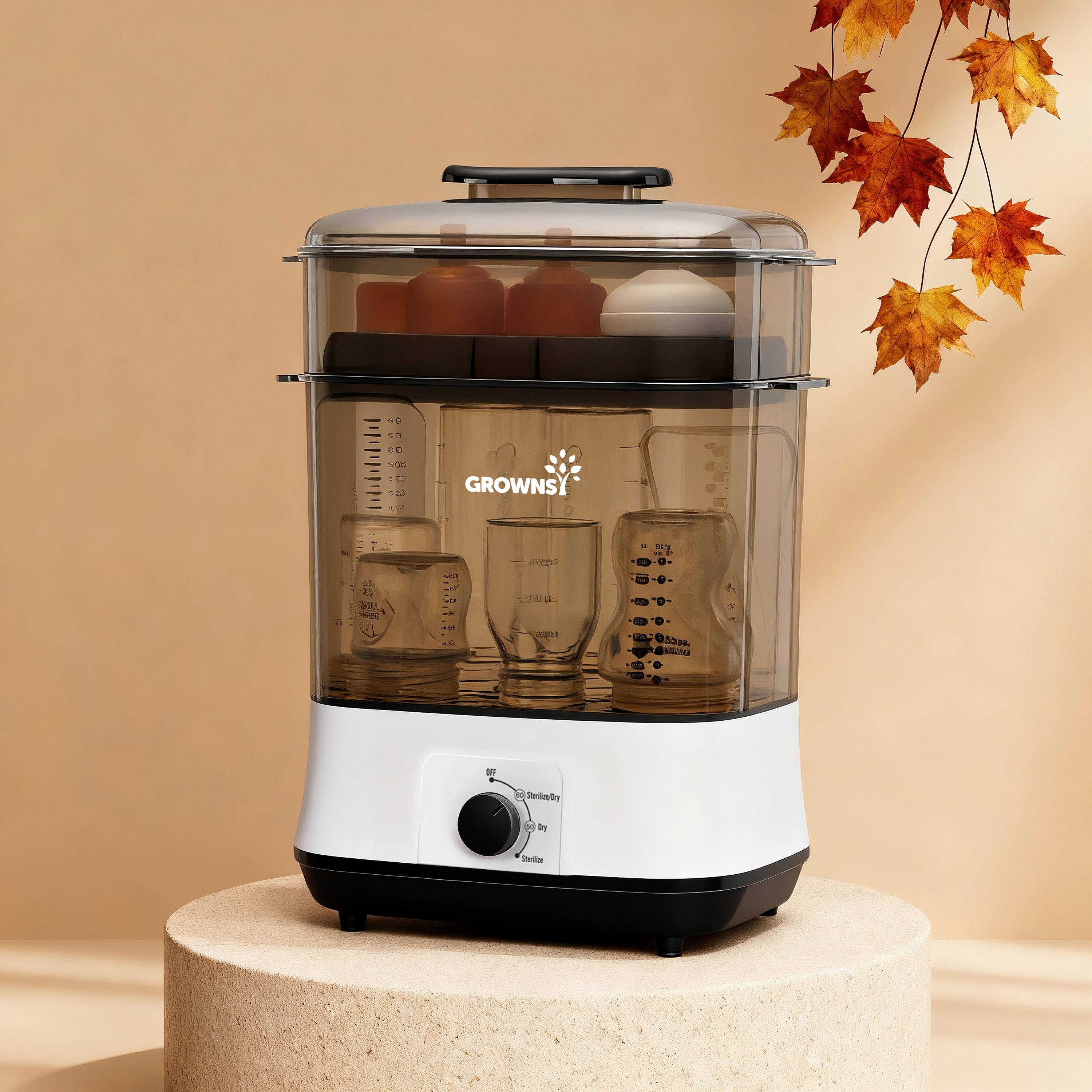 Grownsy PureMax baby bottle sterilizer and dryer with bottles and accessories.