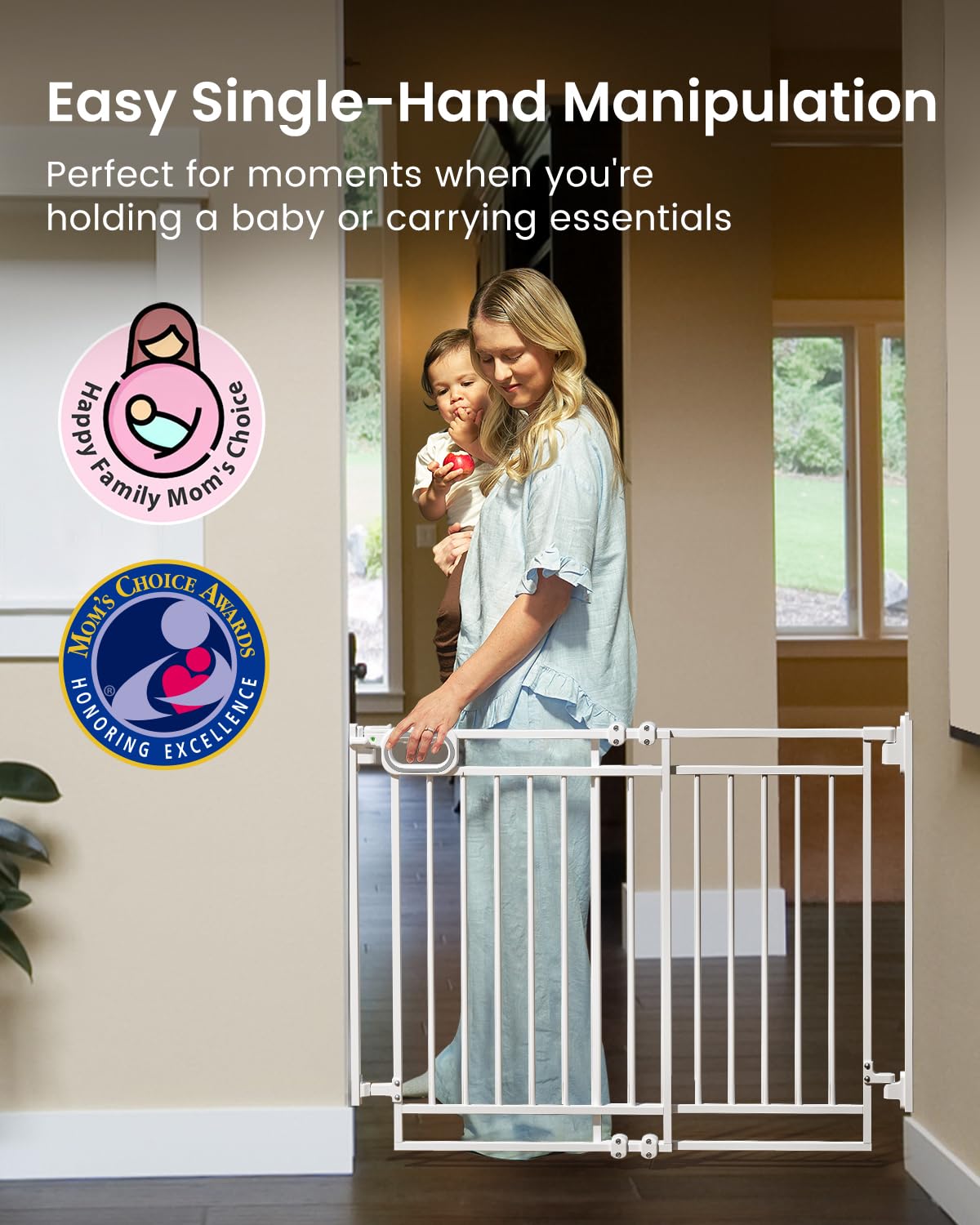 Grownsy Baby Gate for Stairs- No Bottom Bar, Adjustable Width One-Hand Operation