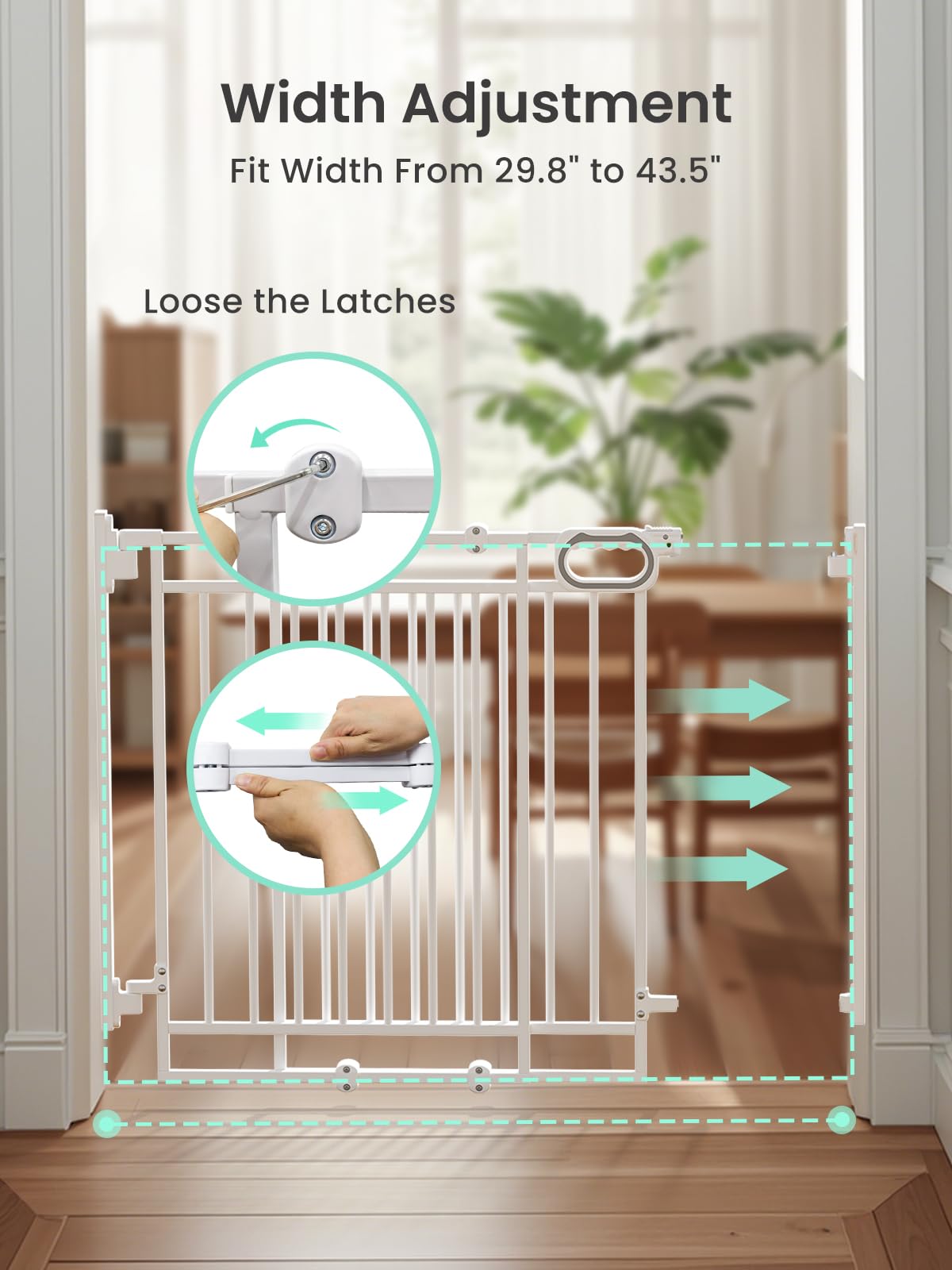 Grownsy Baby Gate for Stairs- No Bottom Bar, Adjustable Width One-Hand Operation