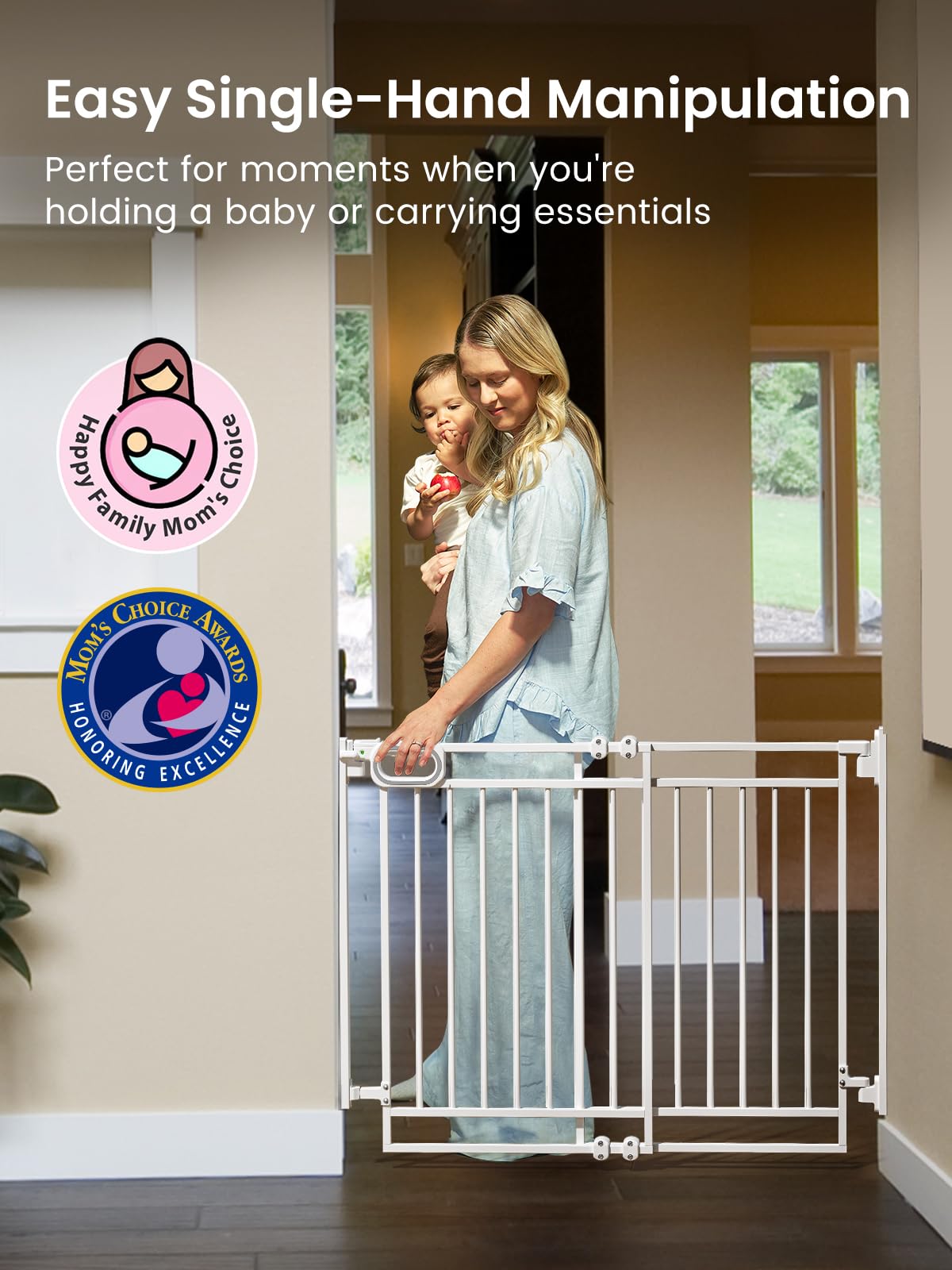 Grownsy Baby Gate for Stairs- No Bottom Bar, Adjustable Width One-Hand Operation