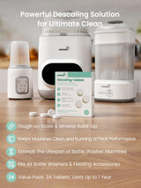 GROWNSY descaling tablets box with scattered tablets by bottle washer, sterilizer, and warmer. Powerful descaling solution.