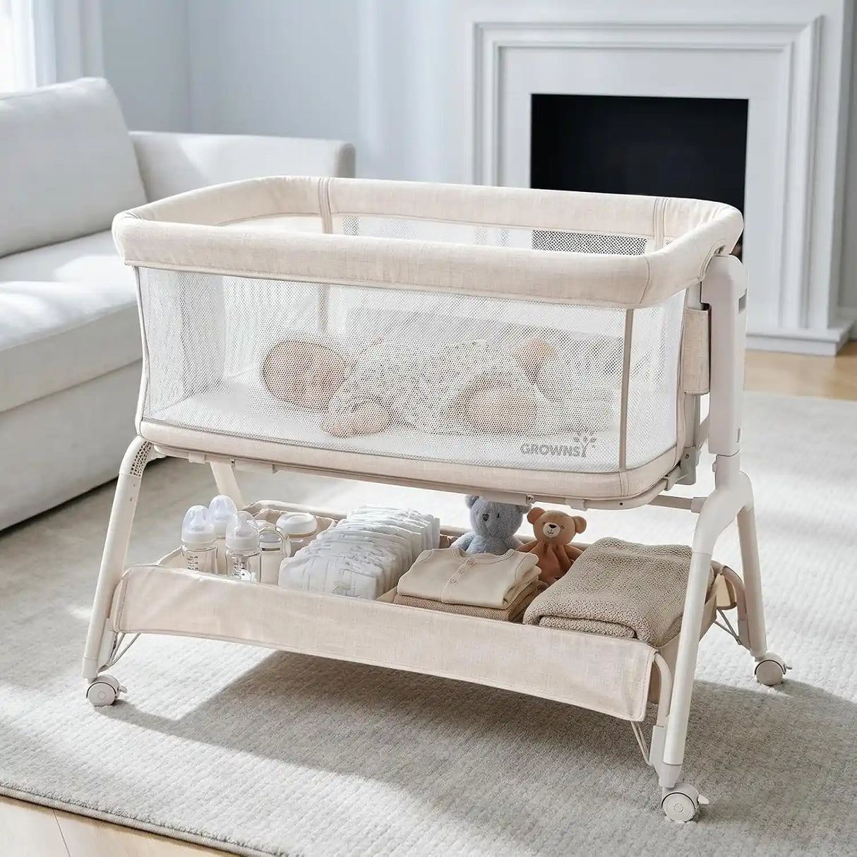 Grownsy 5-in-1 Baby Bassinet Bedside Sleeper with Gentle Rocking Mode, 6 Adjustable Heights, Full Breathable Mesh, Convertible to Portable Crib, Bassinets with Mattress & Wheels