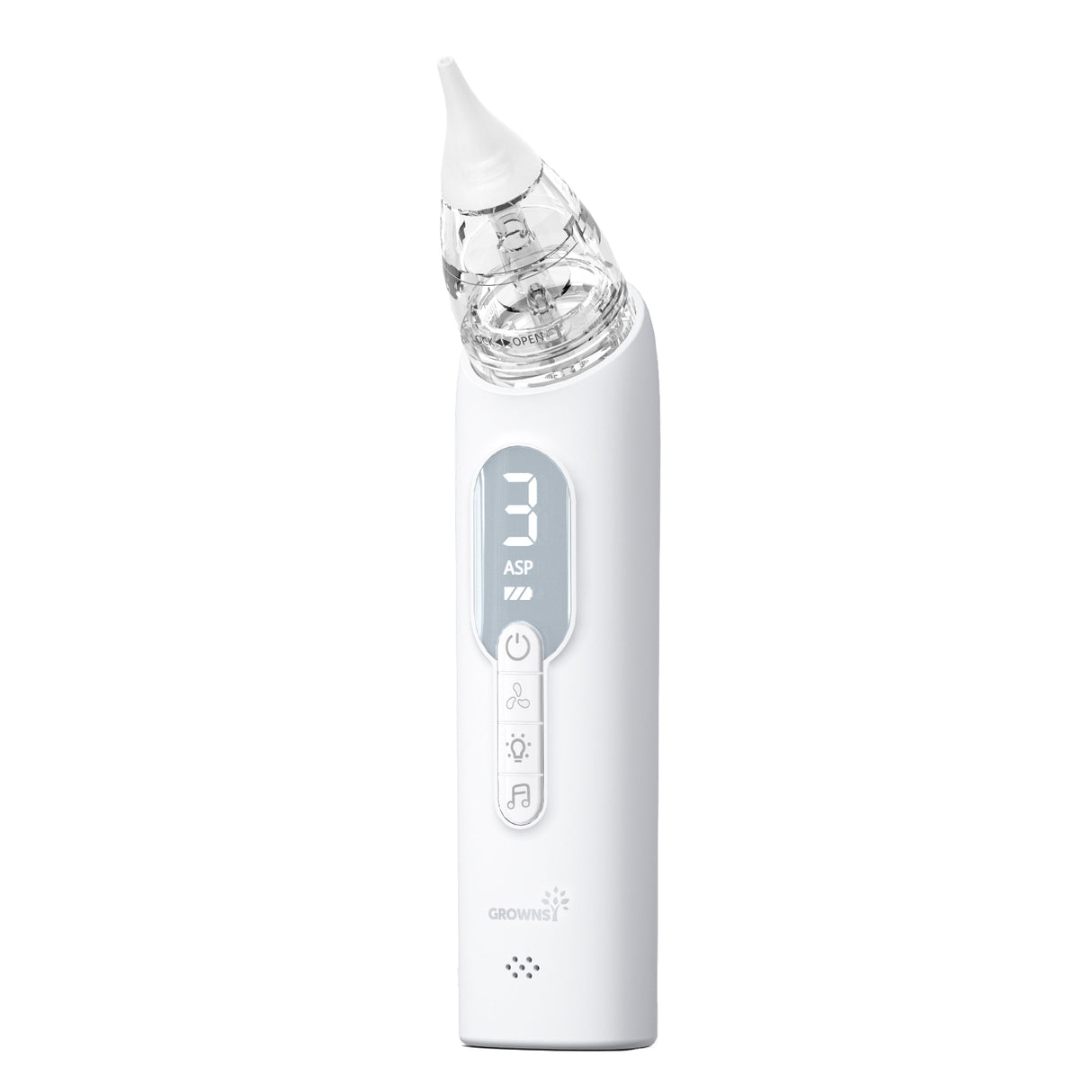 White ergonomic newborn nasal aspirator with digital display showing level 3, clear reservoir.