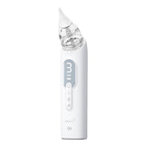 White ergonomic newborn nasal aspirator with digital display showing level 3, clear reservoir.