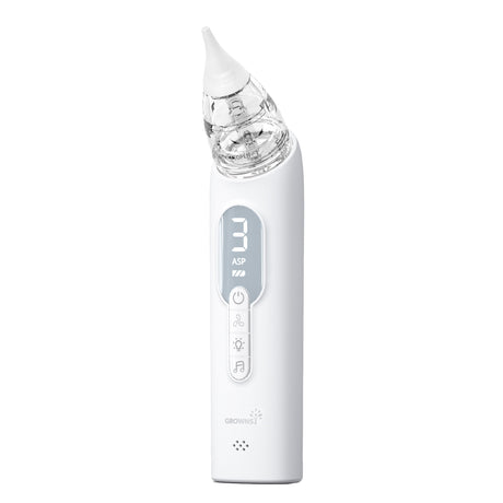 White ergonomic newborn nasal aspirator with digital display showing level 3, clear reservoir.