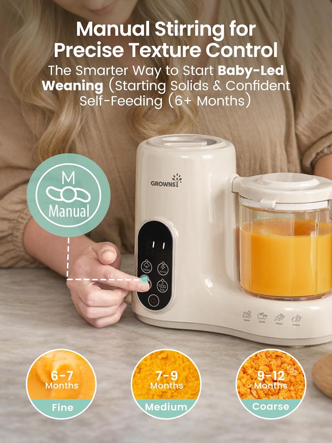 This baby food steamer and blender offers both auto and manual mixing modes, giving you control over food consistency