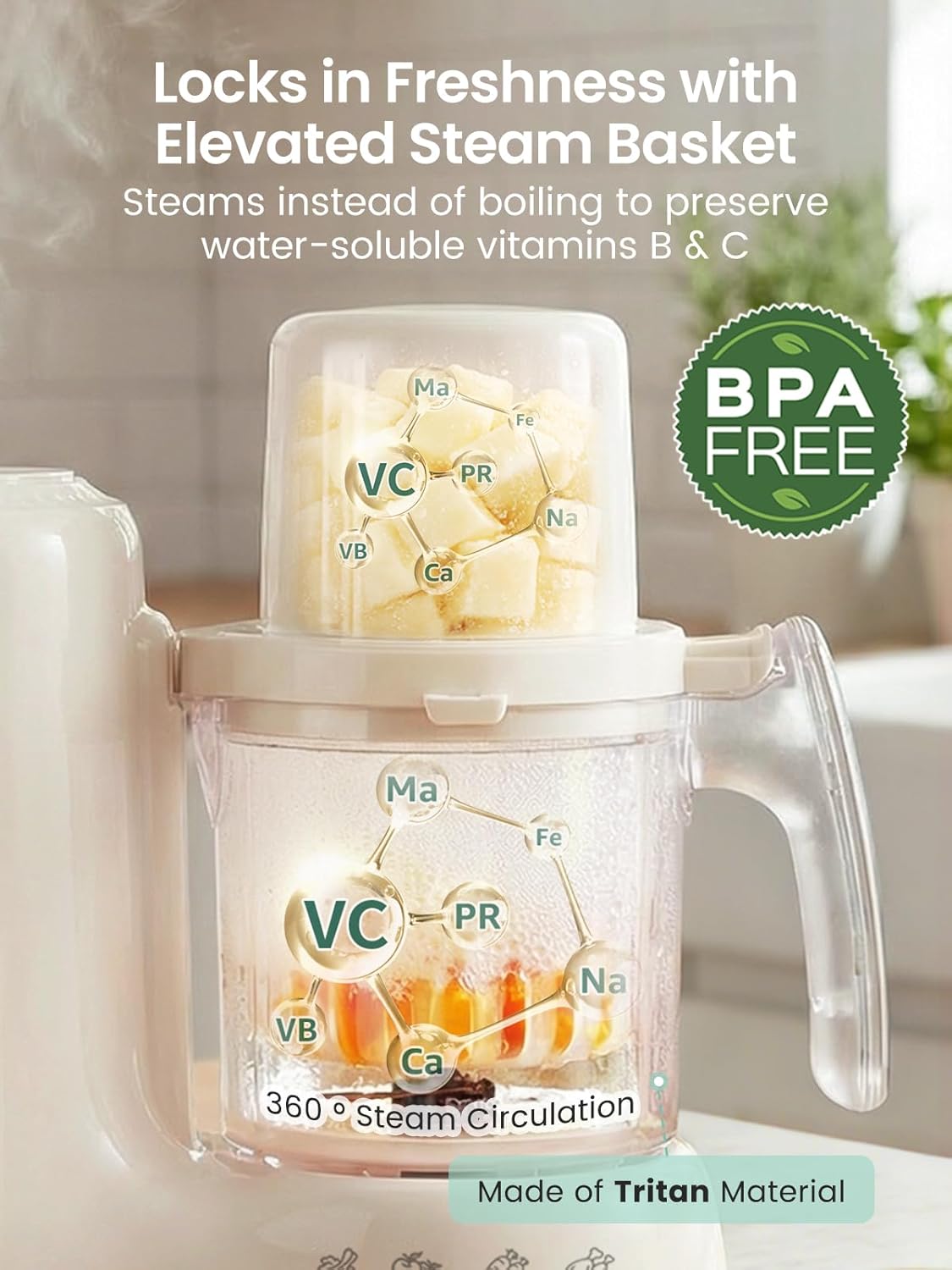 Upgraded dual-layer steaming basket with two compartments cooks more food at once while preserving vitamins B and C through true steam cooking.