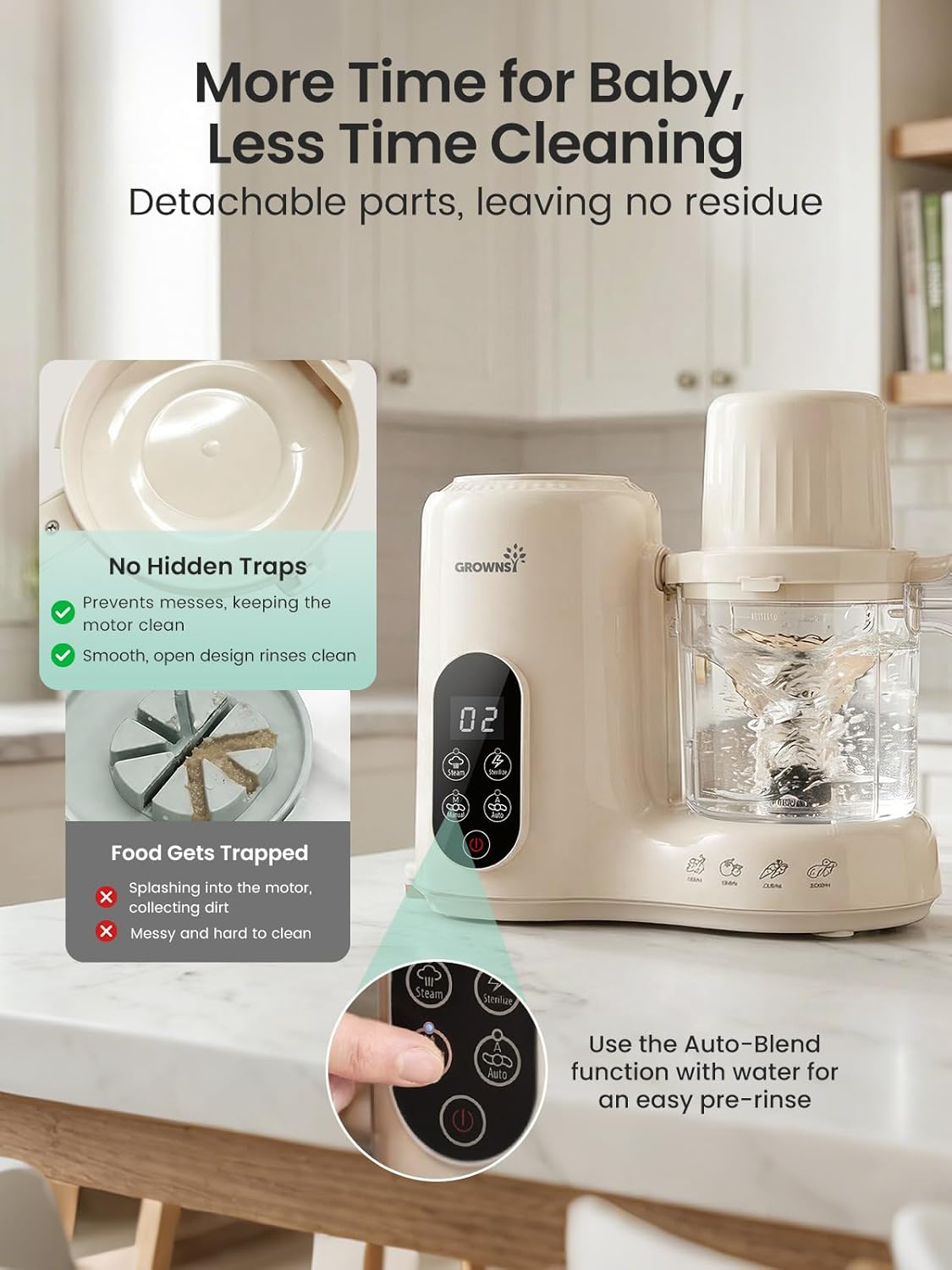 Growns baby food maker with detachable parts and auto-blend pre-rinse function for easy cleaning and less food residue.