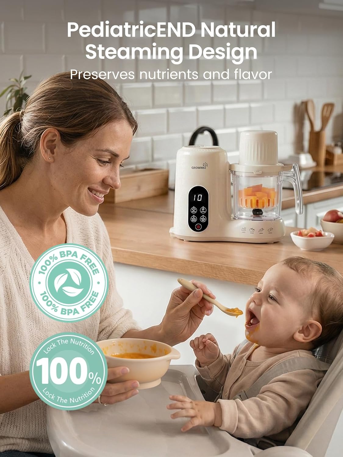Growns baby food maker with natural steam cooking design that preserves nutrients and flavor while preparing healthy homemade baby food.