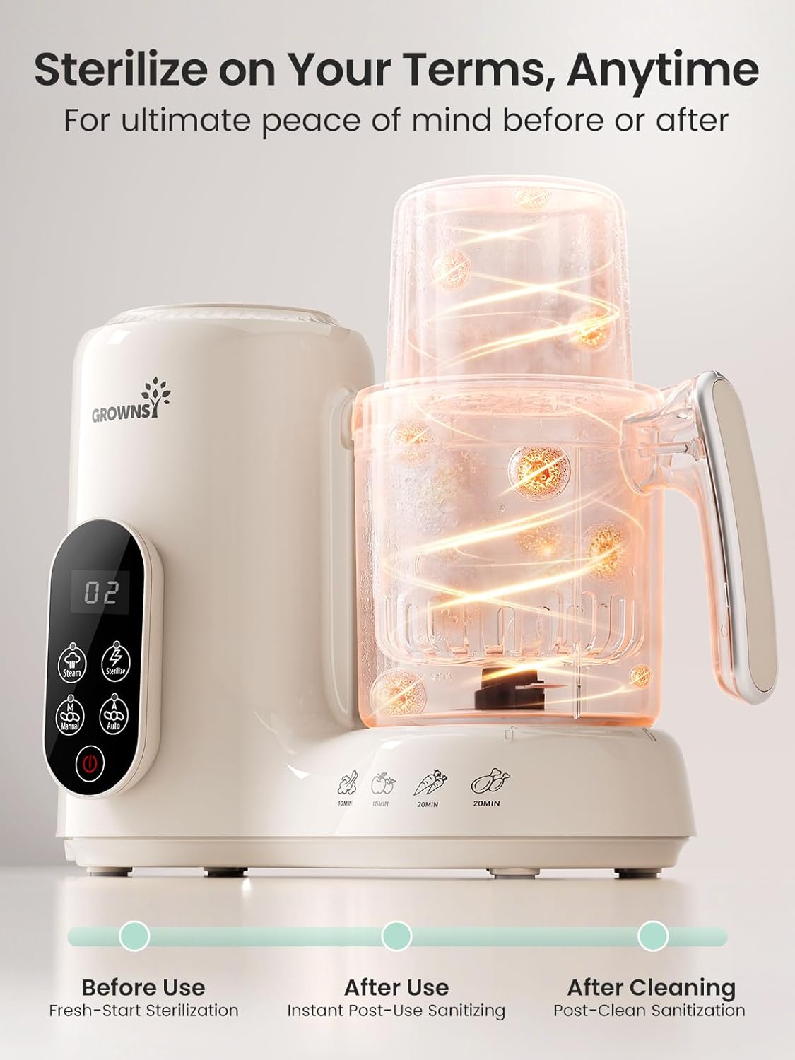 Baby food maker with steam sterilization feature for safe and hygienic baby feeding preparation.