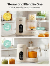 All-in-one baby food maker that steams ingredients and blends them into smooth homemade baby puree