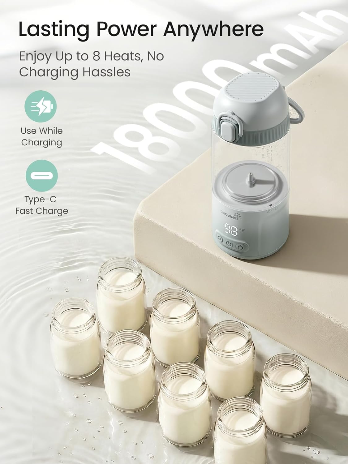 Grownsy Portable Bottle Warmer for Travel – Fast, Rechargeable & Leak-Proof Baby Milk Heater