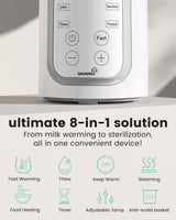 Parent's Choice Bottle Warmer with Timer with ultimate 8-in-1 solution from milk warming to sterilization, all in one convenient device.
